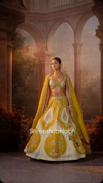 Model in a yellow and ivory paisley lehenga under palace arches